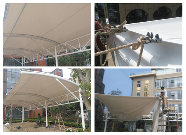 卓尔T型圆管膜结构车棚拉膜现场施工图