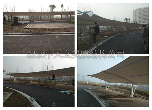 荆州江陵膜结构车棚拉膜现场施工图.jpg